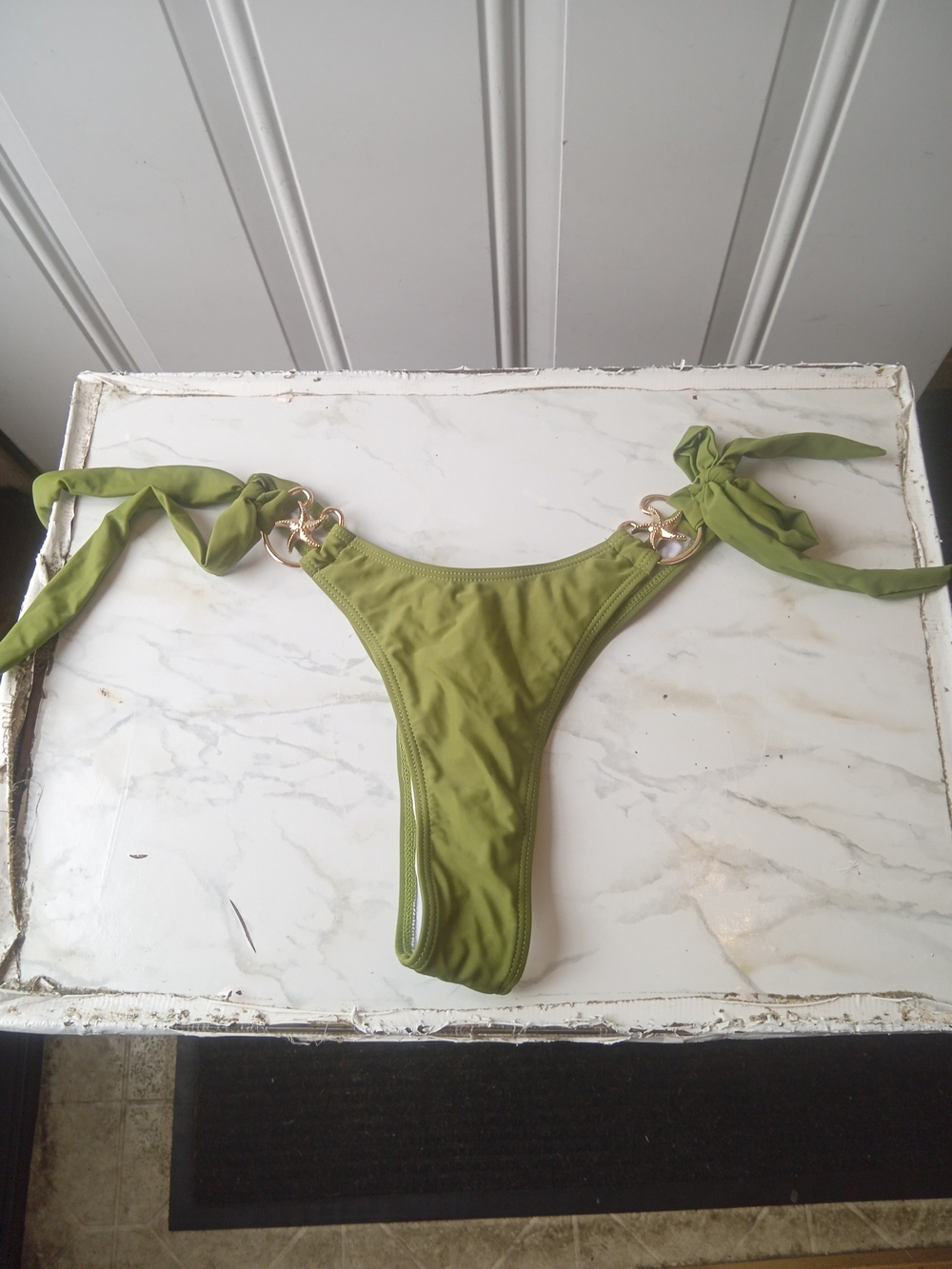 Source Unknown Olive Green Tie-Side Bikini Bottom with Gold Rings